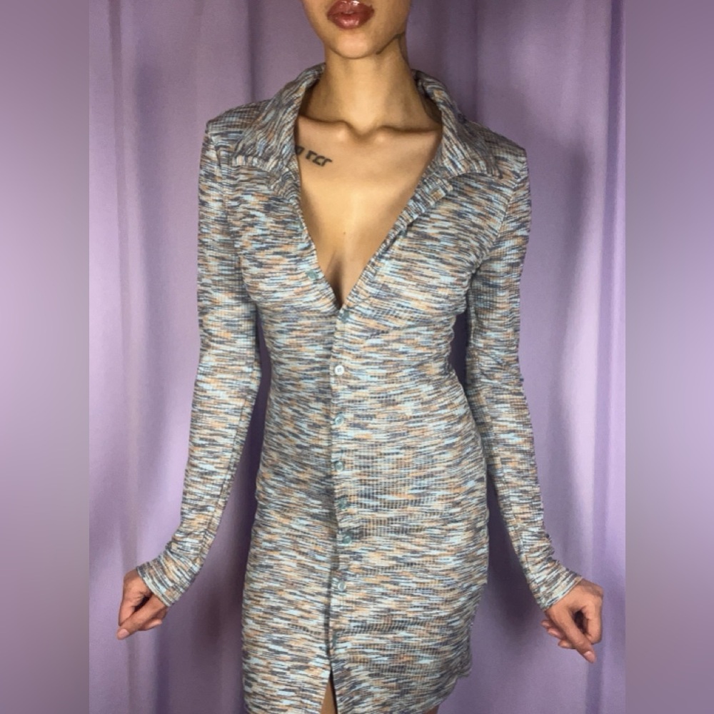 Justify Blue Abstract Button Up Mini Dress Size S Long Sleeve Casual Boho Indie
